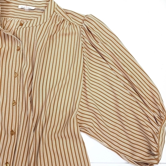 🔴 Calvin Klein Camel Tan Cream Striped Bubble Sleeve Top Sz M - Picture 4 of 11